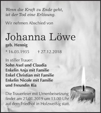 Traueranzeige von Johanna Löwe von WVG - Wochenspiegel Bitterfeld