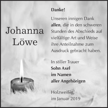 Traueranzeige von Johanna Löwe von WVG - Wochenspiegel Bitterfeld