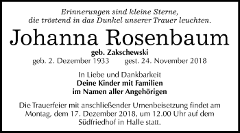 Traueranzeige von Johanna Rosenbaum von Mitteldeutsche Zeitung Halle/Saalkreis