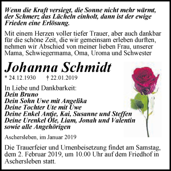 Traueranzeige von Johanna Schmidt von Super Sonntag Aschersleben