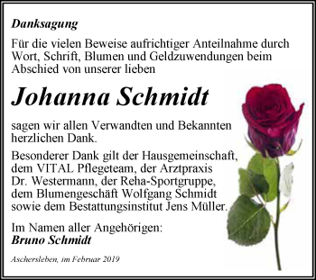 Traueranzeige von Johanna Schmidt von Super Sonntag Aschersleben