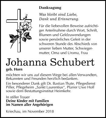 Traueranzeige von Johanna Schubert von WVG - Wochenspiegel NMB / WSF / ZTZ