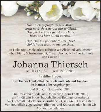 Traueranzeige von Johanna Thiersch von WVG - Wochenspiegel NMB / WSF / ZTZ