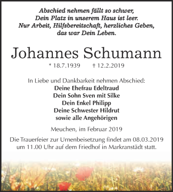 Traueranzeige von Johannes Schumann von Super Sonntag Merseburg