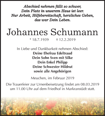 Traueranzeige von Johannes Schumann von Mitteldeutsche Zeitung Weißenfels