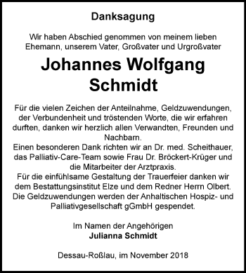 Traueranzeige von Johannes Wolfgang Schmidt von Mitteldeutsche Zeitung Dessau-Roßlau