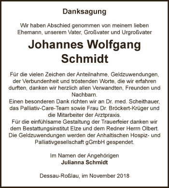 Traueranzeige von Johannes Wolfgang Schmidt von WVG - Wochenspiegel Dessau / Köthen