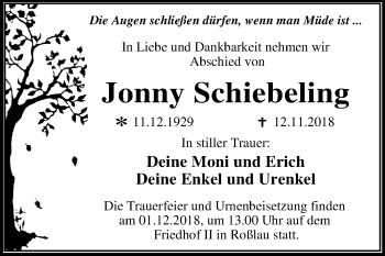 Traueranzeige von Jonny Schiebeling von Mitteldeutsche Zeitung Dessau-Roßlau