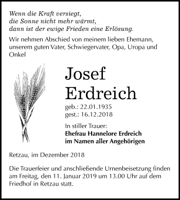 Traueranzeige von Josef Erdreich von Mitteldeutsche Zeitung Bitterfeld
