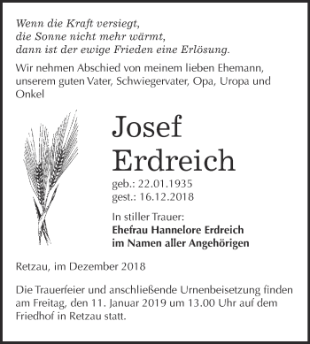 Traueranzeige von Josef Erdreich von WVG - Wochenspiegel Bitterfeld