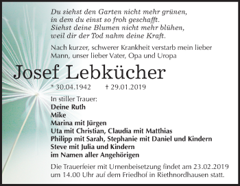 Traueranzeige von Josef Lebkücher von Mitteldeutsche Zeitung Sangerhausen