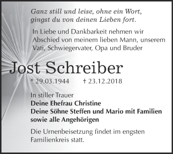 Traueranzeige von Jost Schreiber von WVG - Wochenspiegel Bitterfeld