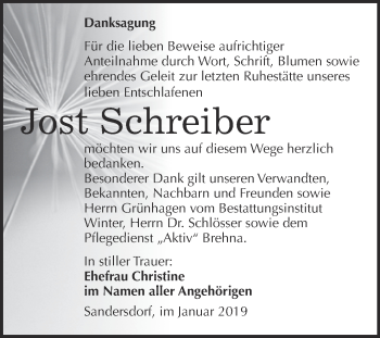 Traueranzeige von Jost Schreiber von WVG - Wochenspiegel Bitterfeld