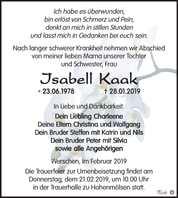 Traueranzeige von Jsabell Kaak von Mitteldeutsche Zeitung Weißenfels