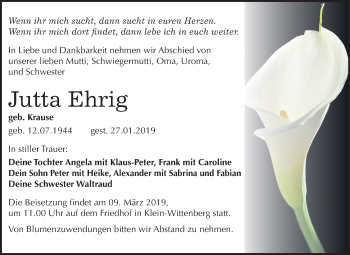Traueranzeige von Jutta Ehrig von Mitteldeutsche Zeitung