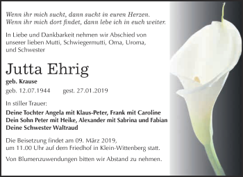Traueranzeige von Jutta Ehrig von WVG - Wochenspiegel Wittenberg