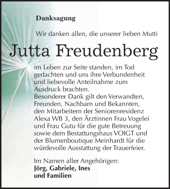 Traueranzeige von Jutta Freudenberg von Wochenspiegel Mansfelder Land