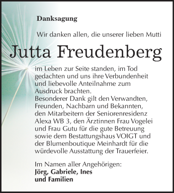 Traueranzeige von Jutta Freudenberg von Mitteldeutsche Zeitung Mansfelder Land