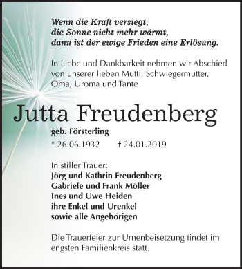Traueranzeige von Jutta Freudenberg von Mitteldeutsche Zeitung Mansfelder Land