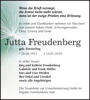 Traueranzeige von Jutta Freudenberg von Wochenspiegel Mansfelder Land