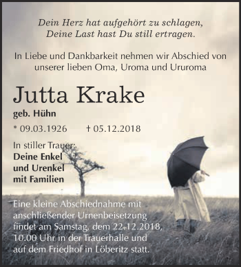 Traueranzeige von Jutta Krake von WVG - Wochenspiegel Bitterfeld