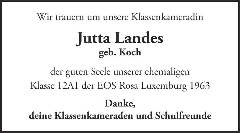  Traueranzeige für Jutta Landes vom 31.12.2018 aus WVG - Wochenspiegel Dessau / Köthen