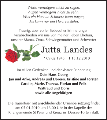 Traueranzeige von Jutta Landes von Mitteldeutsche Zeitung Dessau-Roßlau