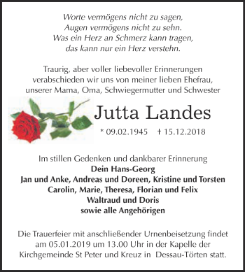Traueranzeige von Jutta Landes von WVG - Wochenspiegel Dessau / Köthen