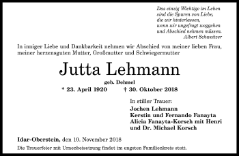 Traueranzeige von Jutta Lehmann von WVG - Wochenspiegel Dessau / Köthen
