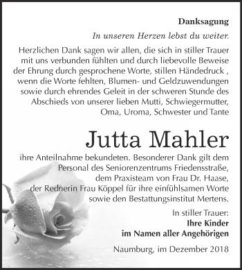 Traueranzeige von Jutta Mahler von WVG - Wochenspiegel NMB / WSF / ZTZ