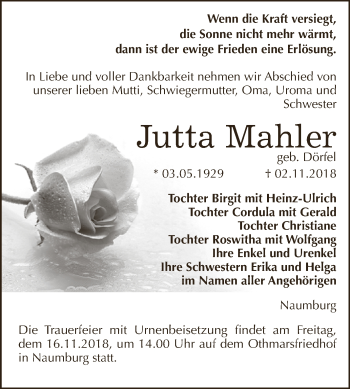 Traueranzeige von Jutta Mahler von WVG - Wochenspiegel NMB / WSF / ZTZ