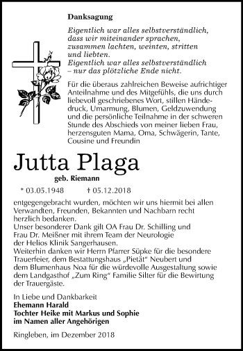 Traueranzeige von Jutta Plaga von Mitteldeutsche Zeitung Sangerhausen
