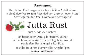 Traueranzeige von Jutta Rust von WVG - Wochenspiegel Dessau / Köthen