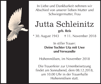 Traueranzeige von Jutta Schleinitz von Mitteldeutsche Zeitung Weißenfels