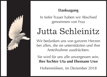 Traueranzeige von Jutta Schleinitz von Mitteldeutsche Zeitung Weißenfels