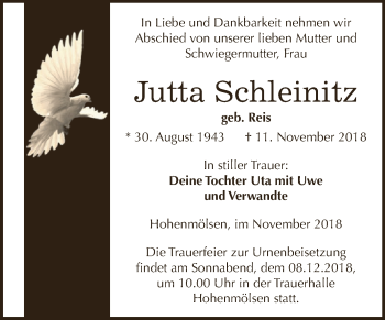 Traueranzeige von Jutta Schleinitz von WVG - Wochenspiegel NMB / WSF / ZTZ
