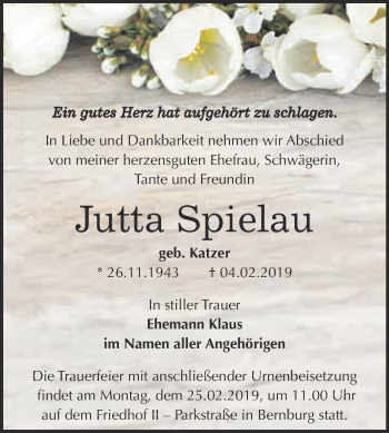 Traueranzeige von Jutta Spielau von Super Sonntag Bernburg