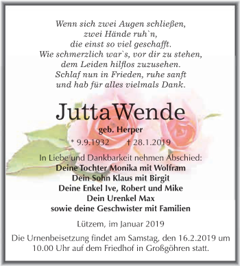 Traueranzeige von Jutta Wende von Super Sonntag Merseburg
