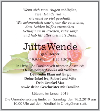 Traueranzeige von Jutta Wende von Mitteldeutsche Zeitung Weißenfels