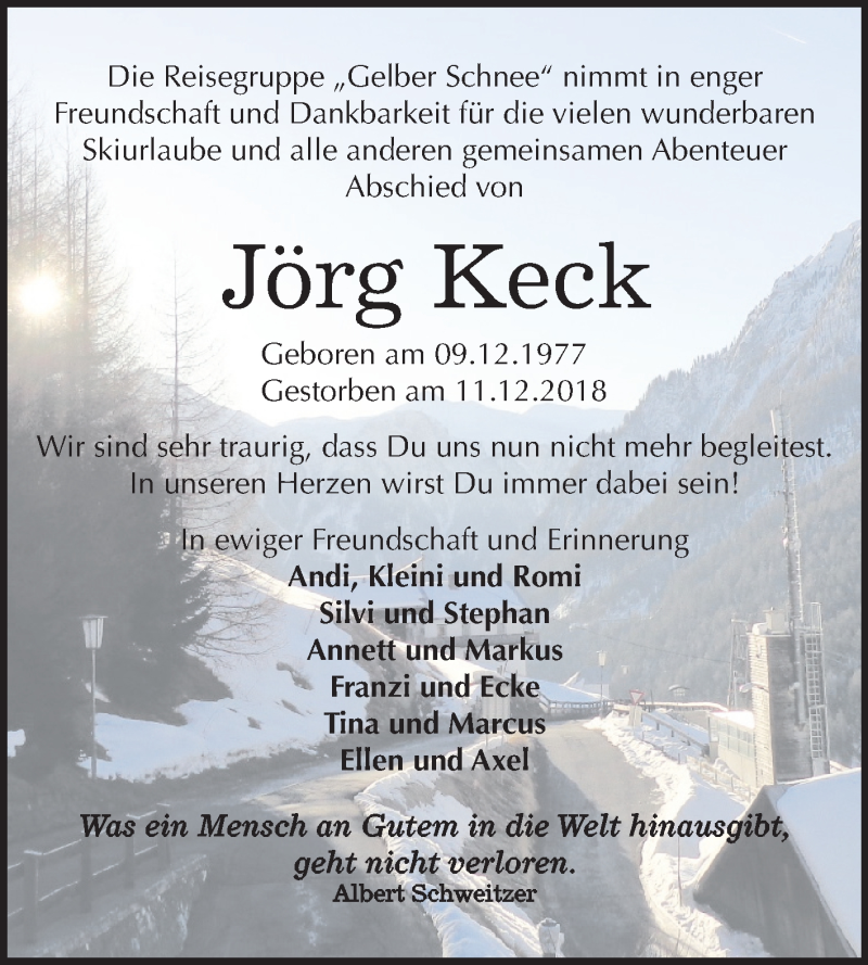  Traueranzeige für Jörg Keck vom 22.12.2018 aus Mitteldeutsche Zeitung Weißenfels