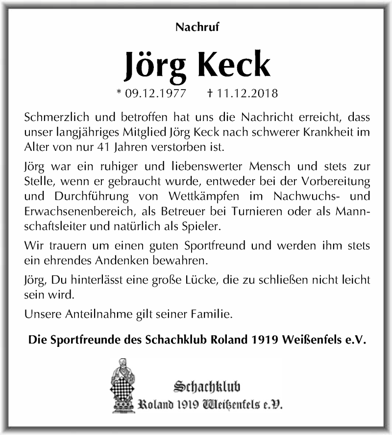  Traueranzeige für Jörg Keck vom 02.01.2019 aus WVG - Wochenspiegel NMB / WSF / ZTZ