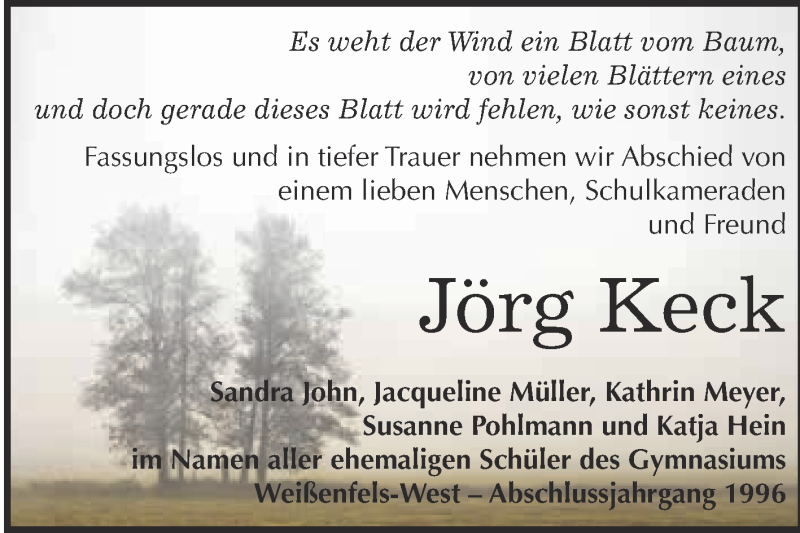  Traueranzeige für Jörg Keck vom 24.12.2018 aus WVG - Wochenspiegel NMB / WSF / ZTZ