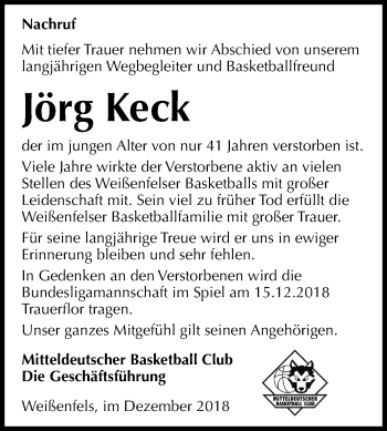 Traueranzeige von Jörg Keck von Mitteldeutsche Zeitung Weißenfels