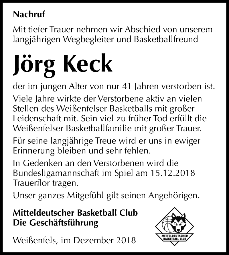  Traueranzeige für Jörg Keck vom 15.12.2018 aus Mitteldeutsche Zeitung Weißenfels
