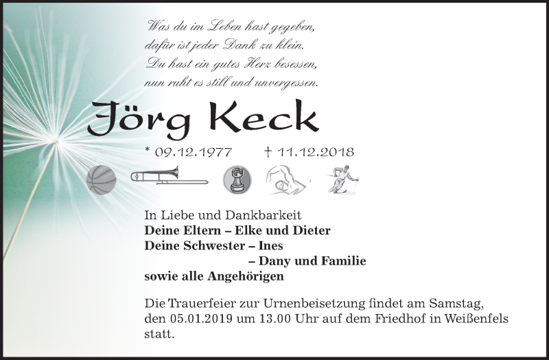  Traueranzeige für Jörg Keck vom 19.12.2018 aus Mitteldeutsche Zeitung Weißenfels