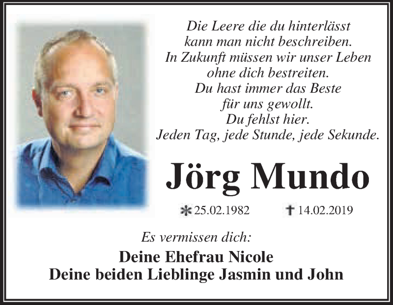  Traueranzeige für Jörg Mundo vom 18.02.2019 aus WVG - Wochenspiegel Dessau / Köthen