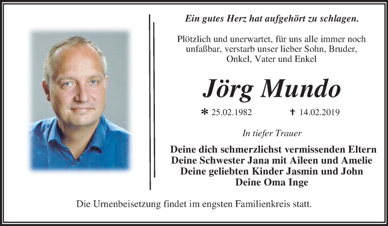  Traueranzeige für Jörg Mundo vom 23.02.2019 aus Mitteldeutsche Zeitung Dessau-Roßlau