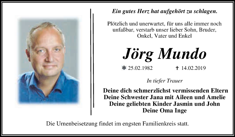  Traueranzeige für Jörg Mundo vom 18.02.2019 aus WVG - Wochenspiegel Dessau / Köthen