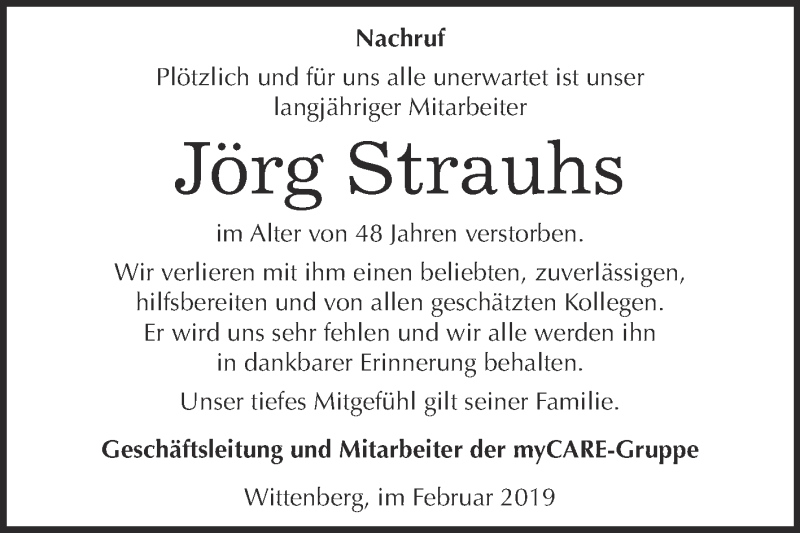  Traueranzeige für Jörg Strauhs vom 23.02.2019 aus WVG - Wochenspiegel Wittenberg