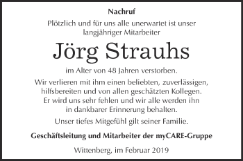 Traueranzeige von Jörg Strauhs von WVG - Wochenspiegel Wittenberg